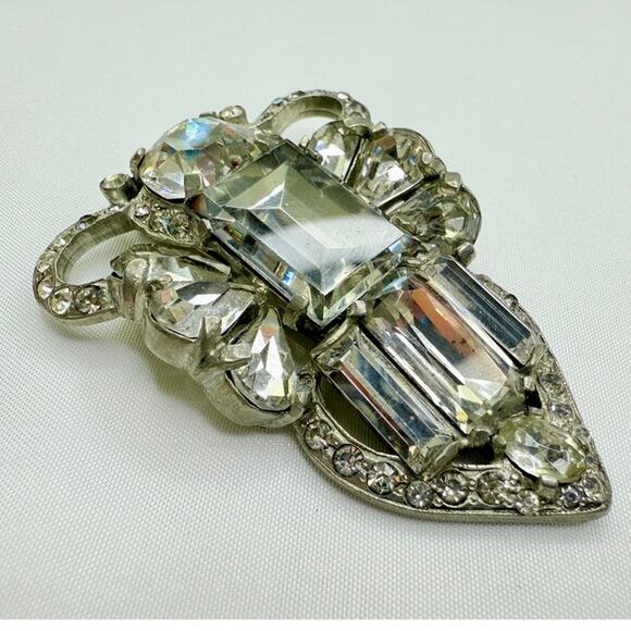 1940s Eisenberg Original Pot Metal Rhinestone Large Art Deco Dress Fur Clip - Picture 4 of 10